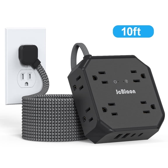 Surge Protector Power Strip - 10 Ft Flat Plug Extension Cord with Surge protection 8 Widely Outlets and 4 USB Ports(2 USB C), 3 Side Outlet Extender for Home Office, Black