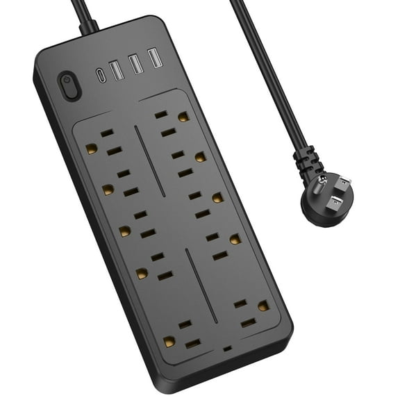 Surge Protector Power Strip - 10 Outlets with 4 USB Charging Ports, Power Strip with 4 Foot extension cord, Desktop USB Charging Station for Home Office, Black
