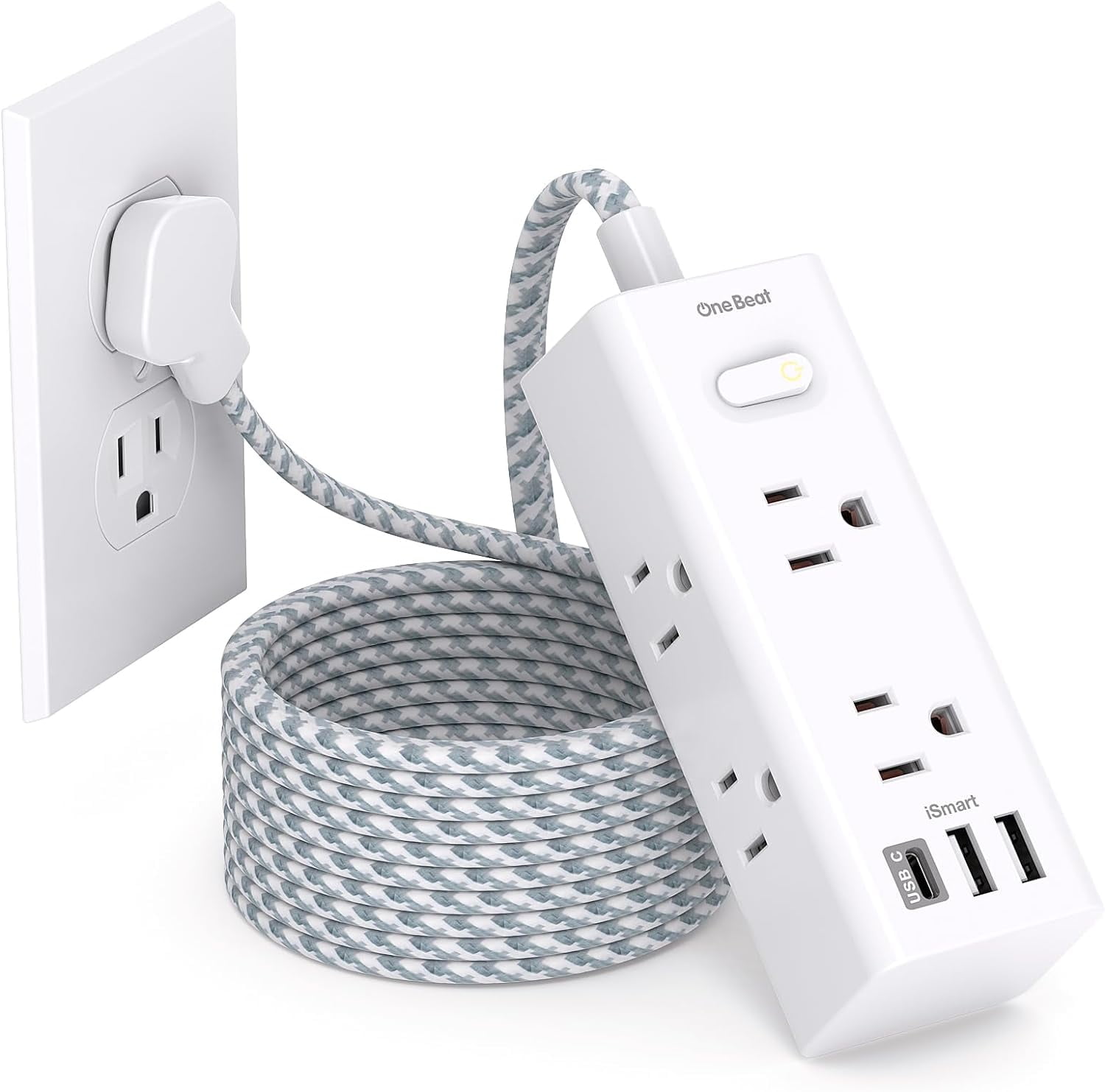 10 ft White Fabric Cord Power Strip with USB-C and 6 Outlets