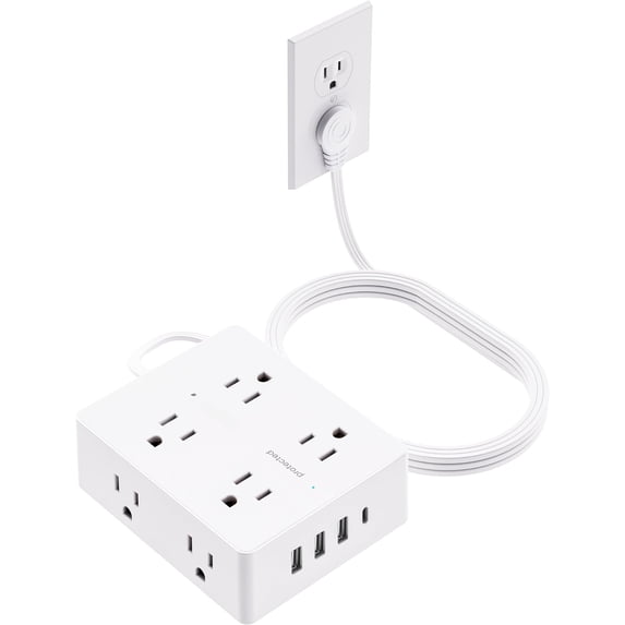 Surge Protector Power Strip 10 ft Cord, Thin Flat Plug Extension Cord, 8 Outlets 4 Ports(1 C), Flat Plug Outlet Extender, College Dorm Room Essentials, White