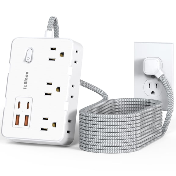 15ft Extension Cord Braided Surge Protector Power Strip 1050J with 4 USB Ports(2 USB C) 6 Outlets for Multiple Devices, Flat Plug Heavy Duty , Delivery Charging for Home Office, Dorm Essential