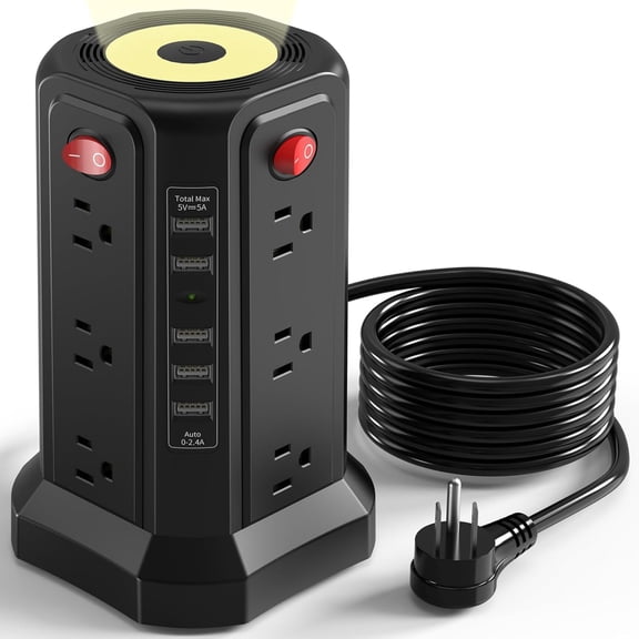 Surge Protector Power Strip with 10FT Cord 1625W|13A, Power Tower with 5 Ports and Night Light, Outlet Tower with 12 AC Outlets Overload Protection for Office DormRoom (Black-13A)