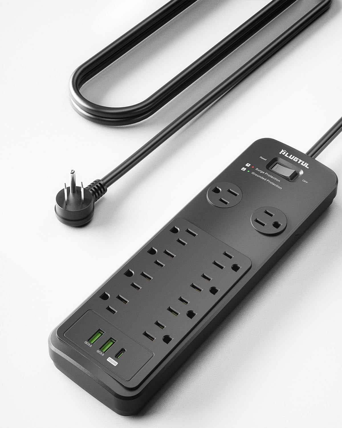 Surge Protector Power Strip 10FT, PLUGTUL with 10 Outlets - Spacious Design for Large Plugs, Flat Plug, 20W USB C Charging Home, Office, ETL Listed，2040J