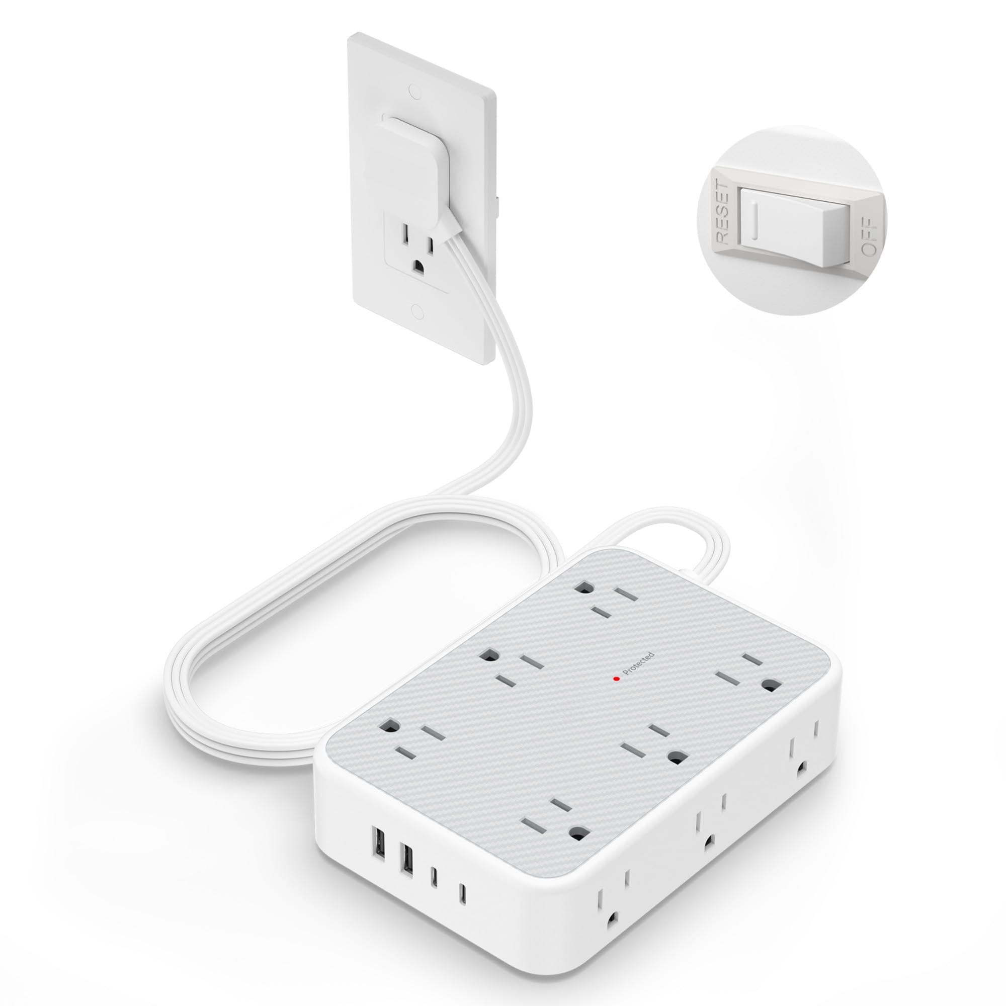 Surge Protector Power Strip  10ft Flat Extension Cord With Multiple Outlets 12 Outlet Extender 4 Usb (2 Usb-c) Plug 1800j Protection Office Dorm