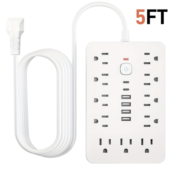 Surge Protector Power Strip with 11 AC Outlets, 4 USB-A & 2 USB-C, Switch, 5FT/10FT Cord, Overload Protection Desktop Charging Station for Home Office Travel, Black/White