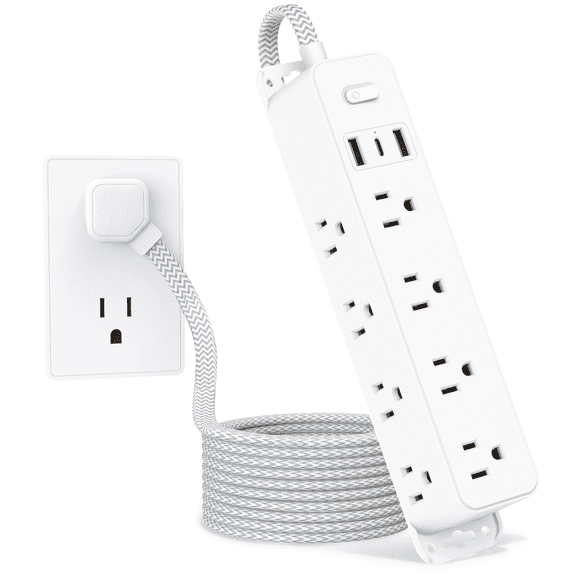 DEPOW 12-Outlet Surge Protector Power Strip with 3 USB Ports, 5 Ft Cord, Wall Mount Outlet Extender, Desk Charging Station for Home Office Dorm, White