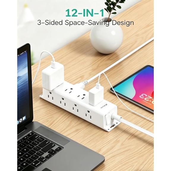 Surge Protector Power Strip - 12 Widely Spaced Multi Outlets, Wall Mount, 3 Side Outlet Extender with Extension Cord, Flat Plug, Overload Protection, Home Office Dorm Room Essentials (5FT, White)