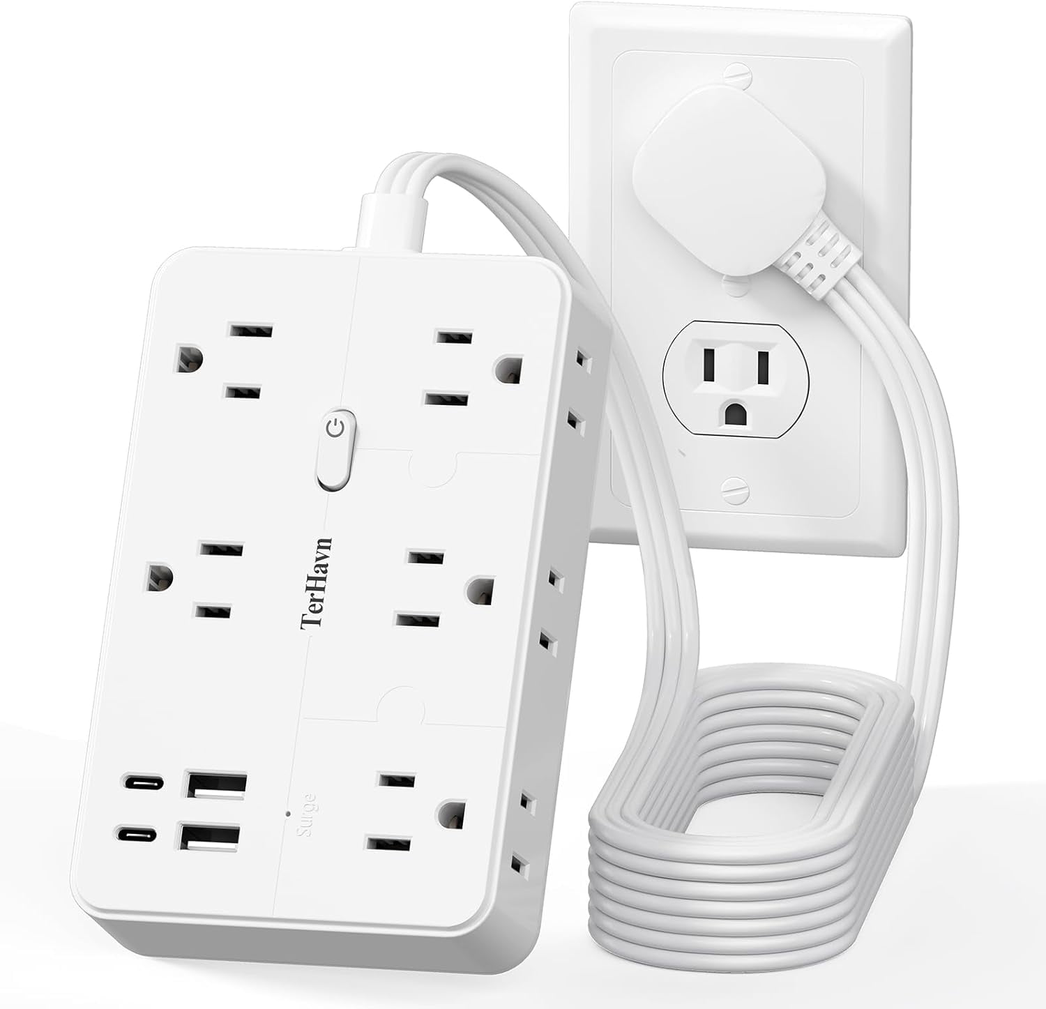 Surge Protector Power Strip 15 FT Flat Extension Cord ，10 AC Outlets & 4 USB Ports(5V/3.4A 17W), 1080J ，Wall Mountable Desktop Charging Station with Flat Plug for Office Supplies and Home, White