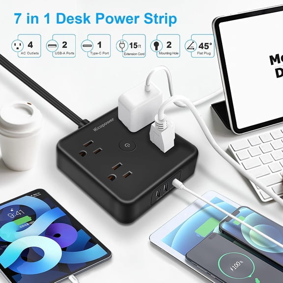 Surge Protector Power Strip 15 ft Cord, Long Power Strip with 4 Widely Outlets, Thin Extension Cord with 3 USB Ports(1 USB C Port), Slim Desk Charging Station, Black(2 Pack)