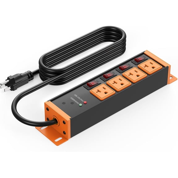 Surge Protector Power Strip 20 Amp Individual Switches. 10FT 12 Gauge Extension Cord with Multiple Outlets. Kitchen, Garage, Shop, Industrial Wall Mount  Extender, Orange.