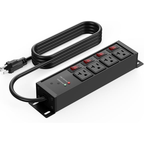Surge Protector Power Strip 20 Amp Individual Switches. 4FT 12 Gauge Extension Cord with Multiple Outlets. Kitchen, Garage, Shop, Industrial Wall Mount  Extender, Black.