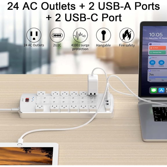Surge Protector Power Strip - 20Ft Flat Plug Heavy Duty Extension Cord with 24 Outlets and 4 USB Ports(2 USB-C Ports), 1875W/15A, 4100J, for Home, Office, Dorm, ETL Listed, White