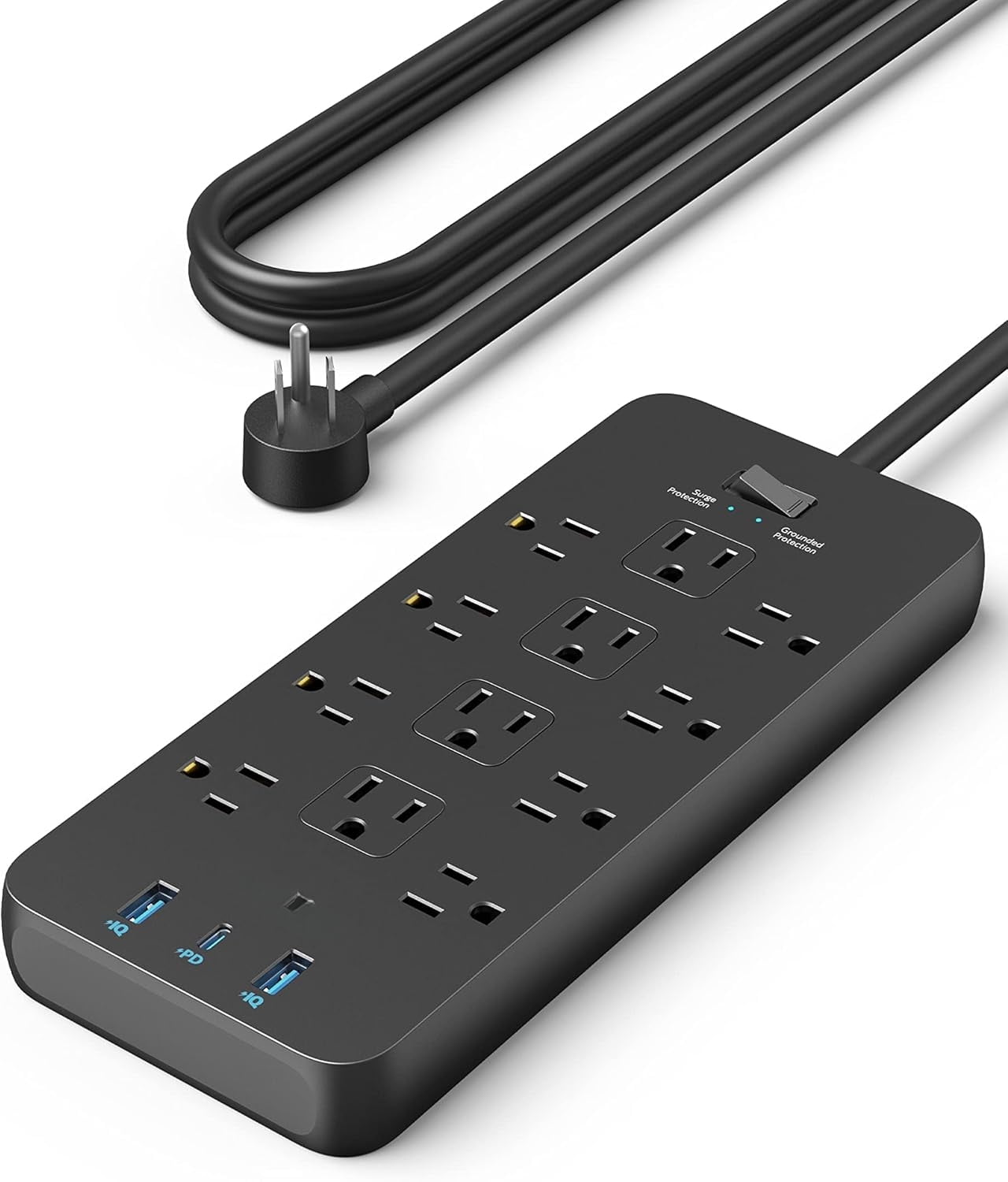 Surge Protector Power Strip (2100J), 12 Outlets with 1 USB C and 2 USB Ports ,  Extension Cord, Flat Plug, 20W USB C Charging for Home, Office,TUV Listed