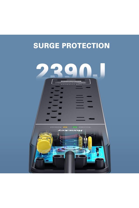 Surge Protector Power Strip (2390J), 12 Outlets with 2 USB Ports, 6 ft Extention Cord, ETL Listed, Black