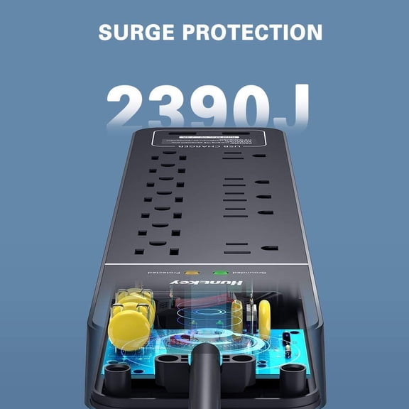 Surge Protector Power Strip (2390J), 12 Outlets with 2 USB Ports, 6 ft Extention Cord, ETL Listed, Black
