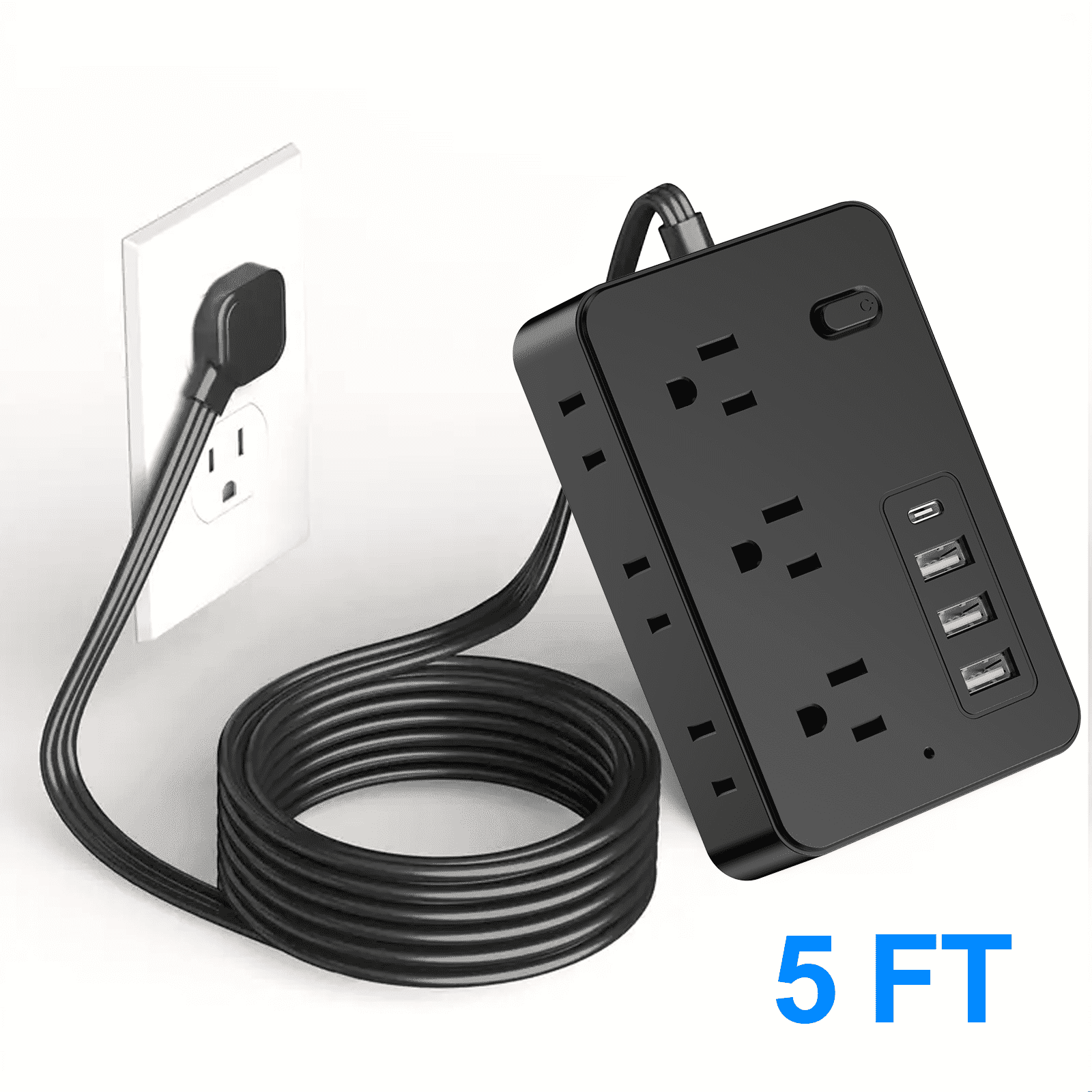 Surge Protector Power Strip with 5-Foot Flat Plug Extension Cord, 6 ...