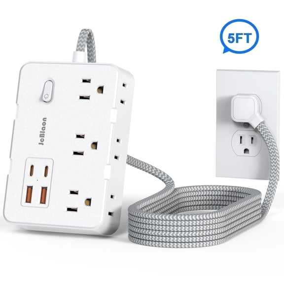 Surge Protector Power Strip 5 Ft Cord, Outlet Extender Ultra Thin Flat Extension Braided Cord with 6 Outlets 4 USB Ports(2 USB C) for Indoor