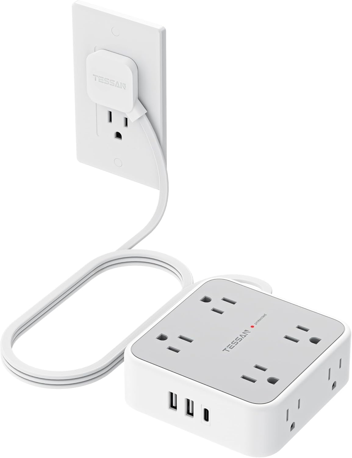 Surge Protector Power Strip, 5 Ft Flat Plug Extension Cord with 3 USB (1 C) 8 Outlets, 1250W, 900J Protection, Sided Outlet Extender Switch for Office, Dorm Room, Grey
