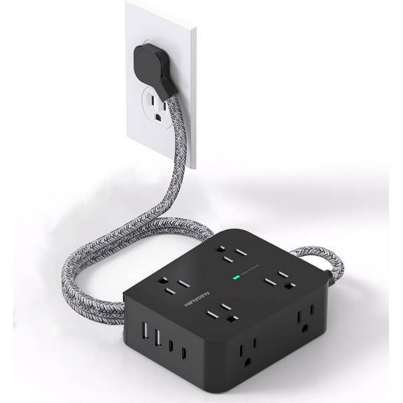 Surge Protector Power Strip 5 Ft,   Thin Flat Plug Braided Extension Cord, 8 Widely Outlet Extender with 4  Ports(2  C), 1080J, Wall Mount for College Dorm Room Essentials Black
