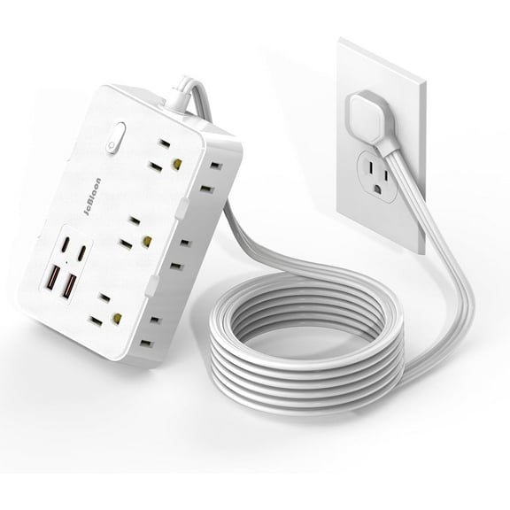 Surge Protector Power Strip, 5 ft Flat Plug Extension Cord with 4 USB Wall Charger(2 USB C Port), 6 Widely Outlets Desk Charging Station for Home Office, College Dorm Essentials, White