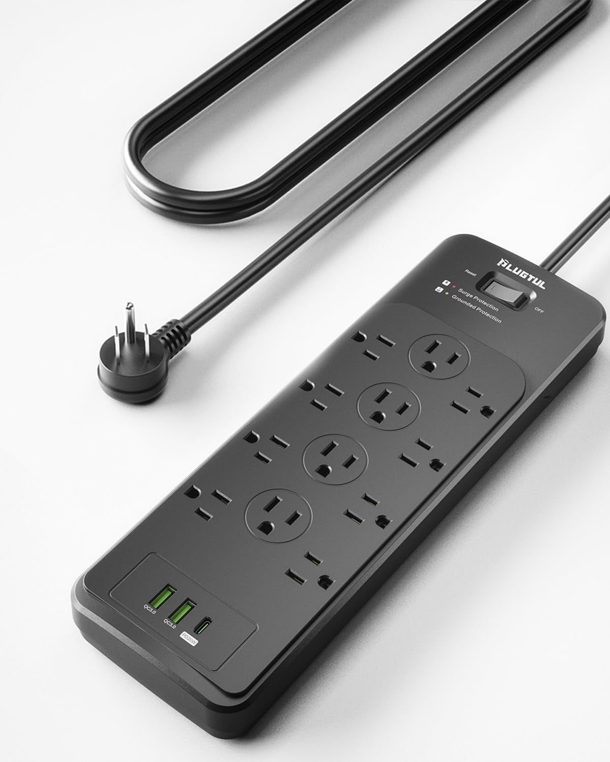 Surge Protector Power Strip 5FT(4080J) Black with 12 Outlets - Spacious Design for Large Plugs Flat Plug 20W USB C Charging Home Office ETL Listed