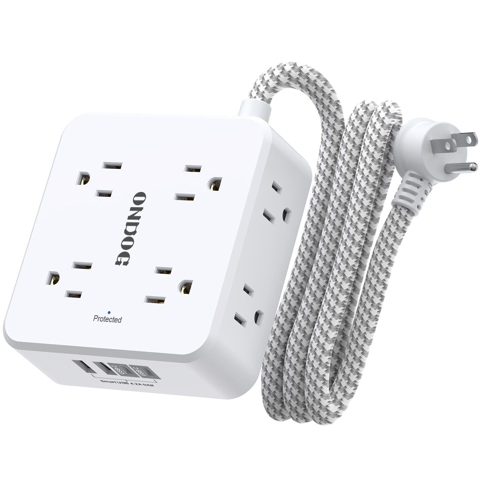 Surge Protector Power Strip - 5ft Braided Extension Cord with 8 Outlets and 4 USB (2 USB C) Charging Ports, Extension Cord Flat Wall Plug for Home Office, White