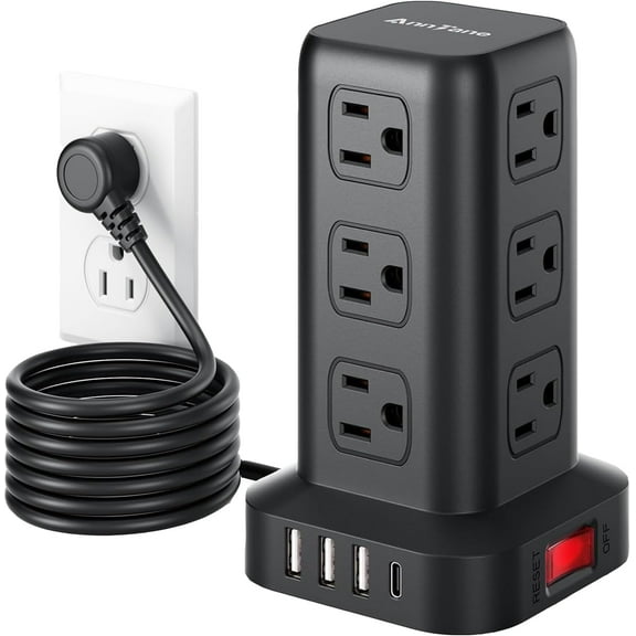 Surge Protector Power Strip 6.5 FT Cord, Power Strip Tower with 4 USB Ports (1USB C), Extension Cord with 12 AC Multiple Outlets, Home Office Supplies Desk Accessories, Dorm Room Essentials