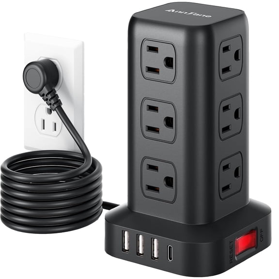 Surge Protector Power Strip 6.5 FT Cord, Power Strip Tower with 4 USB Ports (1USB C), Extension Cord with 12 AC Multiple Outlets, Home Office Supplies Desk Accessories, Dorm Room Essentials