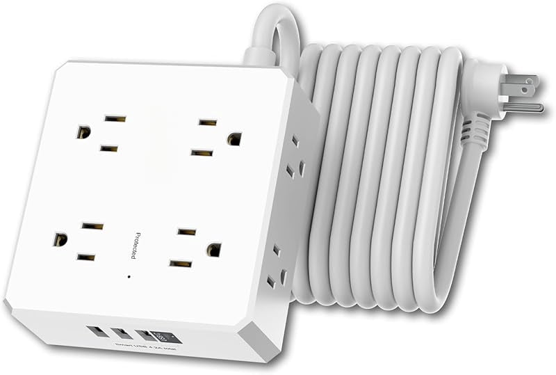 Surge Protector Power Strip - 6 Ft Flat Plug Extension Cord with 8 Widely Outlets and 4 USB Ports(1 USB C), 3 Side Outlet Extender for Home Office, White, ETL Listed
