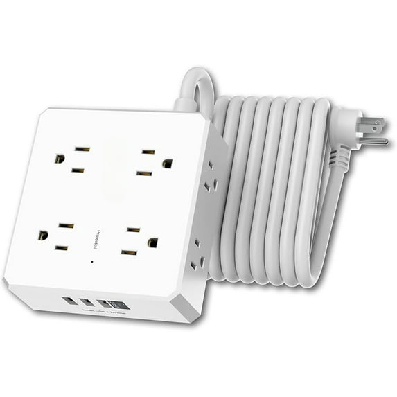 Surge Protector Power Strip - 6 Ft Flat Plug Extension Cord with 8 Widely Outlets and 4 USB Ports(1 USB C), 3 Side Outlet Extender for Home Office, White, ETL Listed