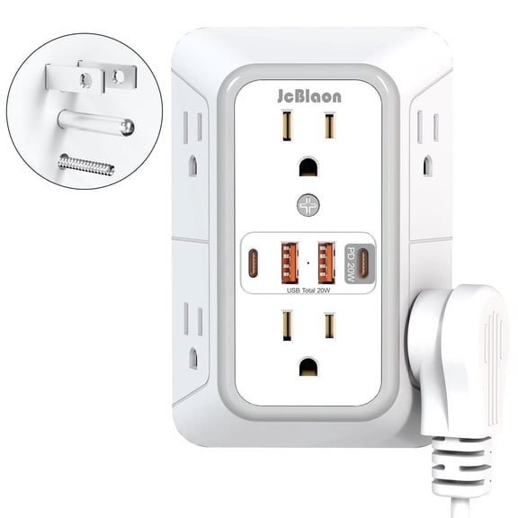 Surge Protector Power Strip 6 Outlets Extender with 4 USB Ports(USB C PD20W) Multi Plug Wall Outlet Expander Wall Mount for Home Office (White)