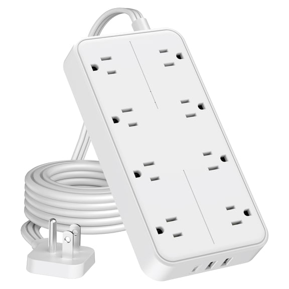 Surge Protector Power Strip, 6FT Flat Plug Extension Cord with 3 USB(1 USB-C), White