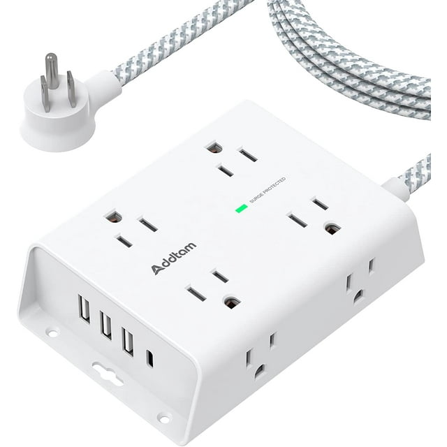 Surge Protector Power Strip - 8 Widely Outlets with 4 USB Ports(1 USB C Outlet), Addtam 3-Side Outlet Extender Strip with 5Ft Extension Cord, Flat Plug, Wall Mount for Dorm Home Office, ETL Listed