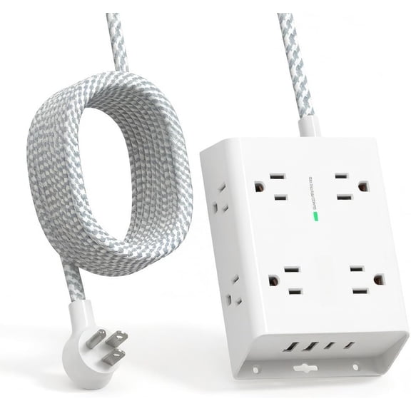 Surge Protector Power Strip, 8 Widely Outlets with 4 USB Ports (2 USB C), 15ft Extension Cord with Multiple Outlets, 3 Side Outlet Extender, Flat Plug, Wall Mount, ETL, White