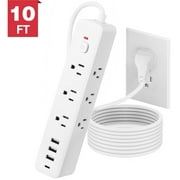 Surge Protector Power Strip with 9 Outlets Extender and 4 USB Ports (1 USB-C), 1800 Joules, Wall Mount 10Ft Ultra Flat Plug Extension Cord with Power Switch for Home, Office, Travel, White