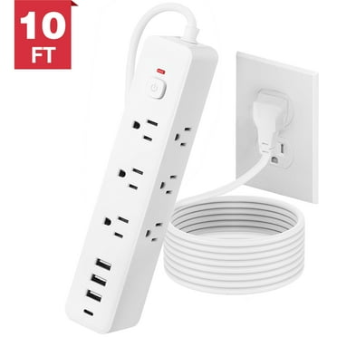 Surge Protector Power Strip with 9 Outlets Extender and 4 USB Ports (1 USB-C), 1800 Joules, Wall Mount 10Ft Ultra Flat Plug Extension Cord with Power Switch for Home, Office, Travel, White
