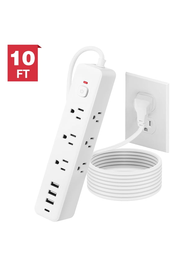 Surge Protector Power Strip with 9 Outlets Extender and 4 USB Ports (1 USB-C), 1800 Joules, Wall Mount 10Ft Ultra Flat Plug Extension Cord with Power Switch for Home, Office, Travel, White