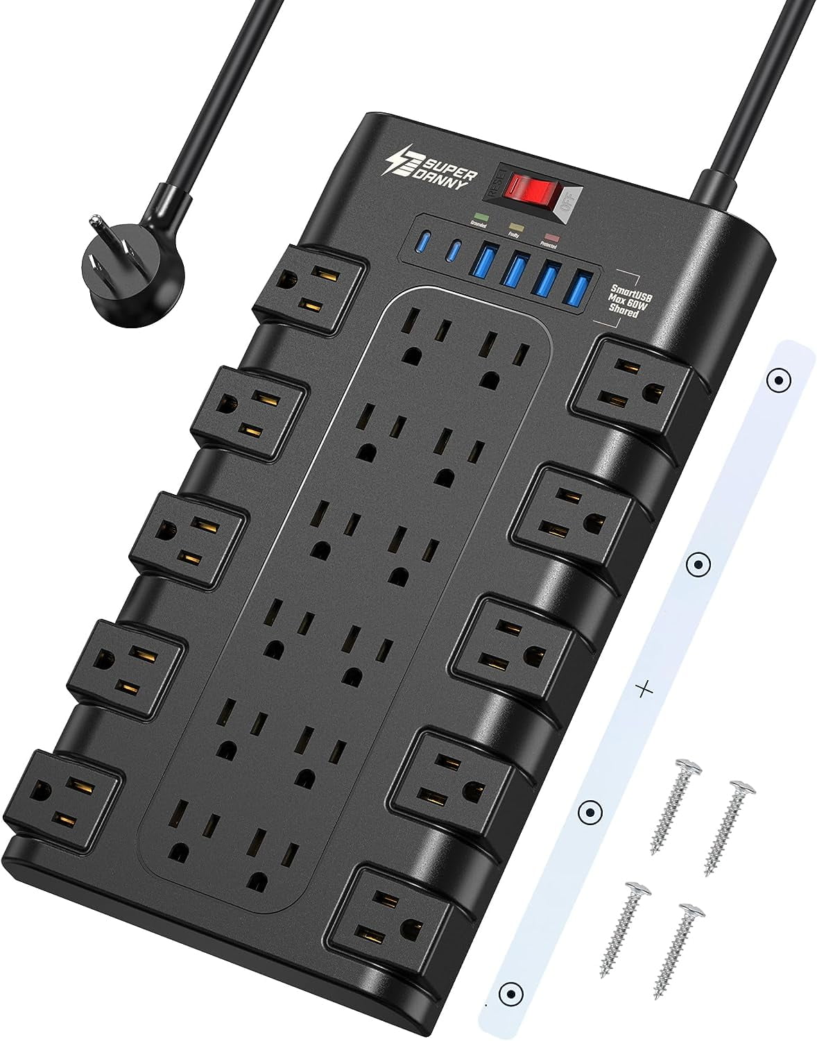 Surge Protector Power Strip, Charging Station 22 Outlets with 45W Type-C Fast Charging USB Ports, 4 USB-A, 2 USB-C, 2100J, 15A/1875W, 6.5Ft Flat Plug Extension Cord for Home Streaming Black