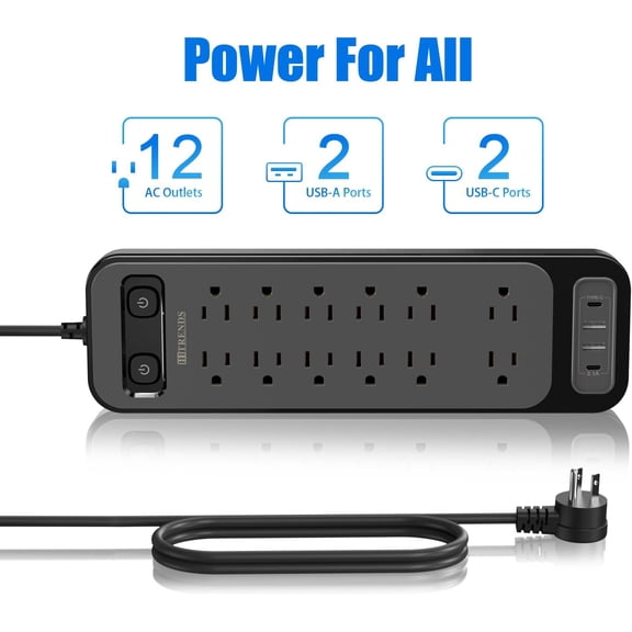 Surge Protector, Power Strip with Dual Independent Switches, Extension Cord & 12 Outlets and 2 USB-A and 2 USB-C for Offices, 1250W/10A, 6FT Cord, Overload ProtectionBlack