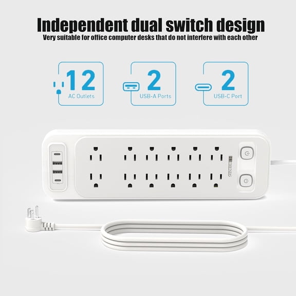 Surge Protector, Power Strip with Dual Independent Switches, Extension Cord & 12 Outlets and 2 USB-A and 2 USB-C for Offices, 1250W/10A, 6FT Cord, Overload Protection