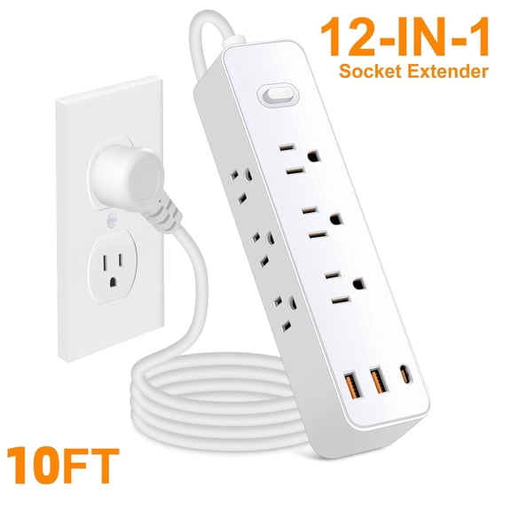 Surge Protector Power Strip, Flat Plug Extension Cord for Home and Office, 9 AC Outlets, 3 Usb Ports Including 1 Usb-C, 10 ft, 1700J, White