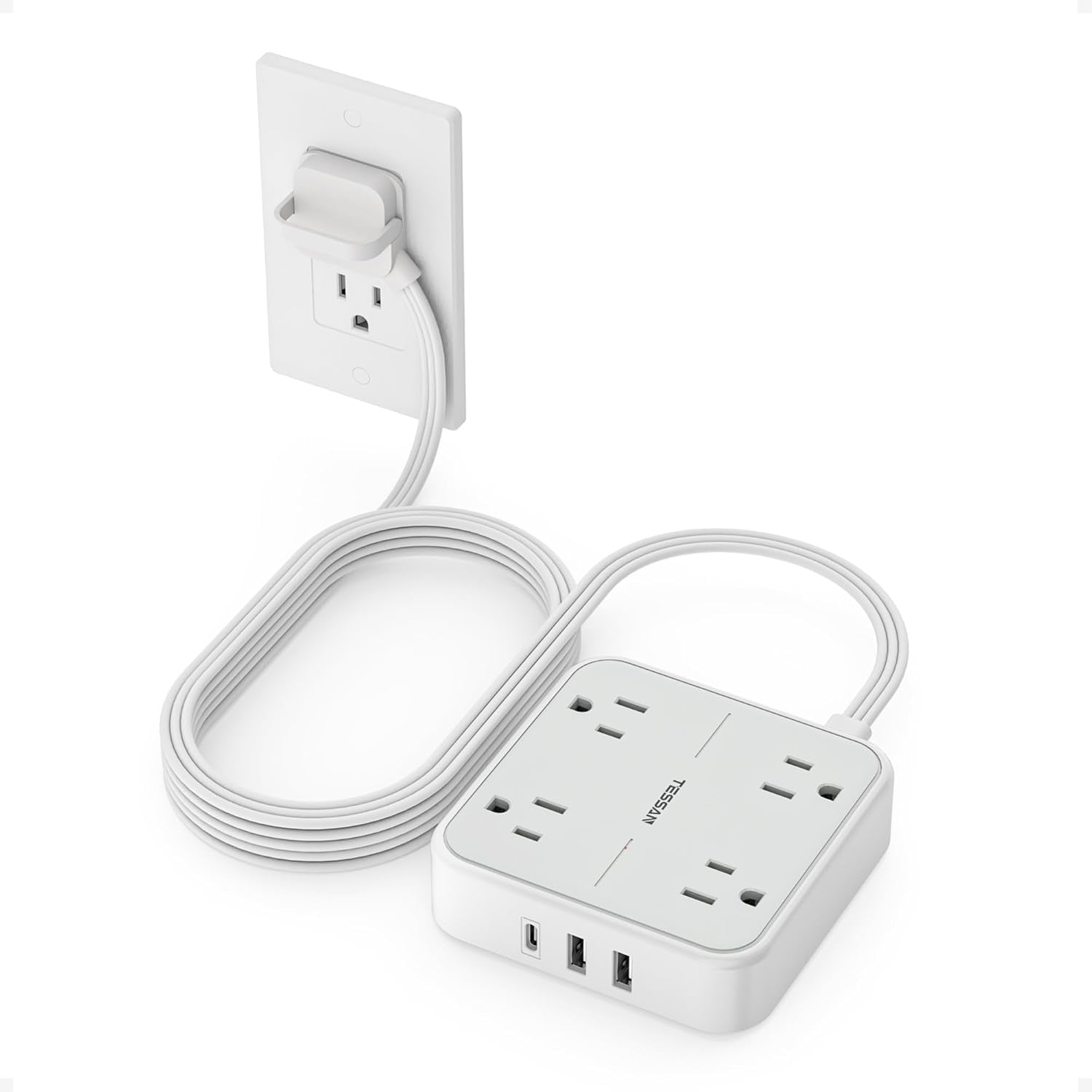 Surge Protector Power Strip, Ring Pull Flat Plug Extension Cord 10 Ft with 3 USB (1 USB C) 4 Outlets, 900 Joules Protection, Desktop Charging Station for Home, Office, College, Dorm Room, Gray