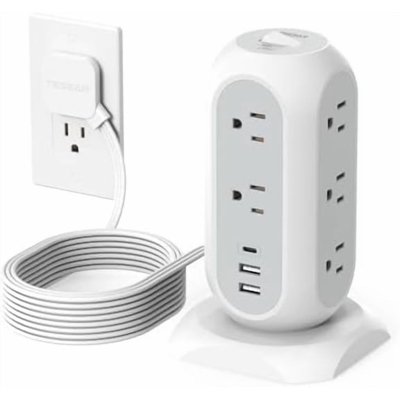 Surge Protector Power Strip Tower 10 Ft, Flat Plug Extension Cord with 11 AC Multiple Outlets 3 USB Ports (1 USB C), 1050J Desk Charging Station for Home, Office Supplies, Dorm Room Essentials