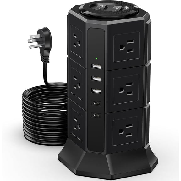 Surge Protector Power Strip Tower, 10FT Flat Extension Cord with 12 AC Outlets 5 Ports(2 Type C), Desktop Station, Flat Plug Outlet Extender for Office Dorm