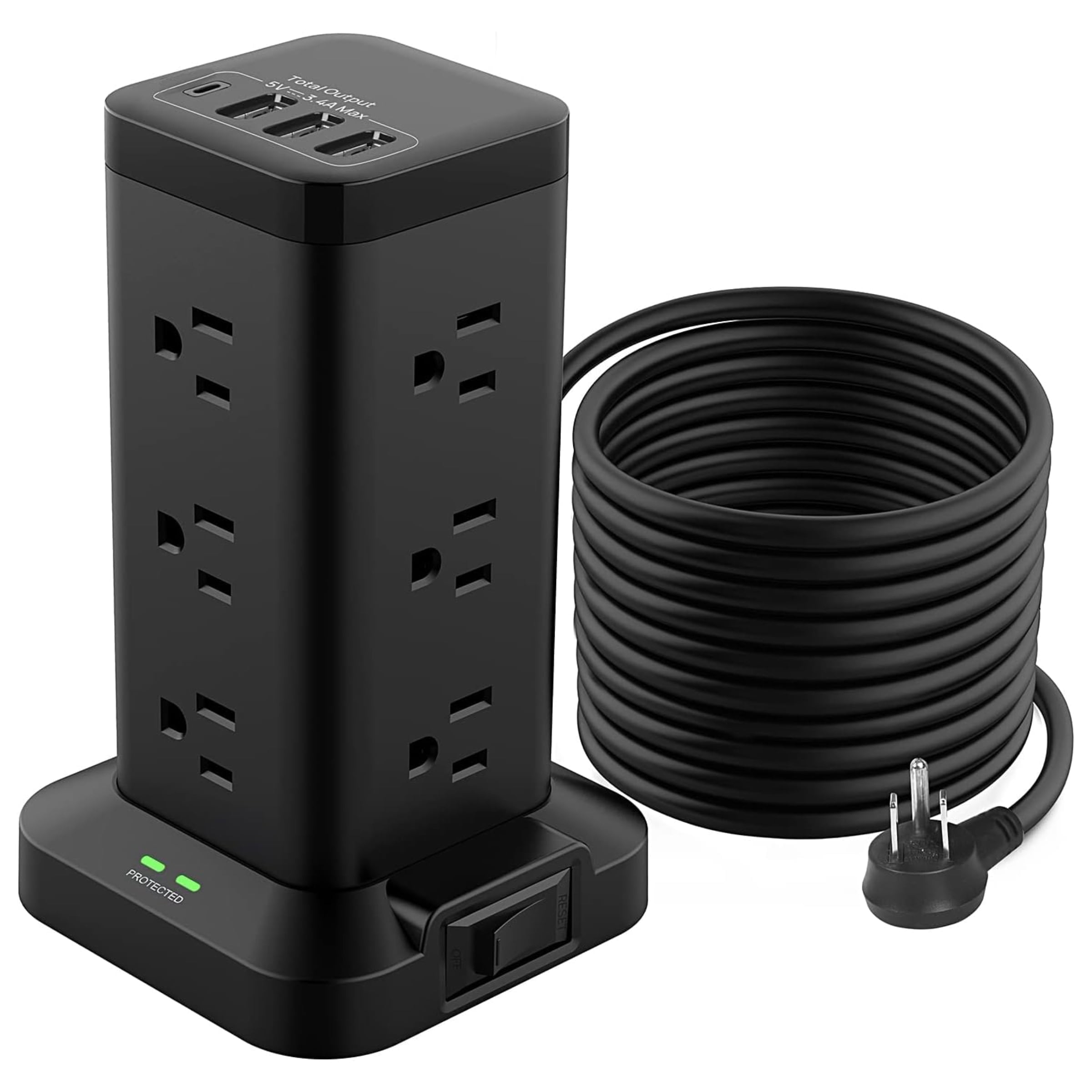 Black Tower Power Strip with 6.5 ft Cord and USB Ports