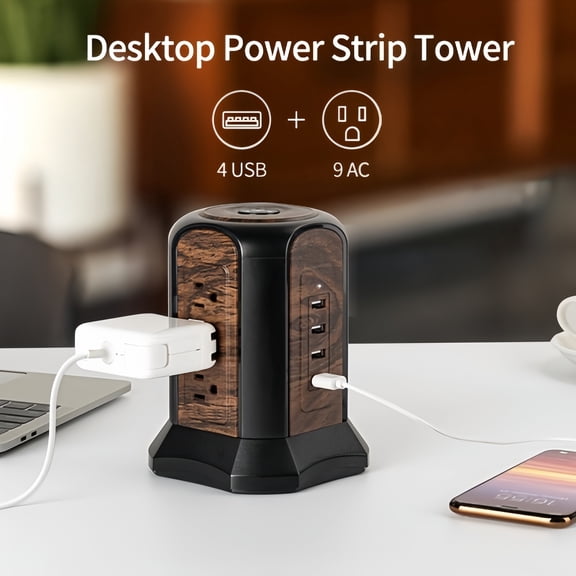 Surge Protector Power Strip Tower, Desktop Charging Station, 8.5ft Cord, 9 Outlets, 4 USB, 1050 Joules, Grounded, Multi-Protection for Home, Office