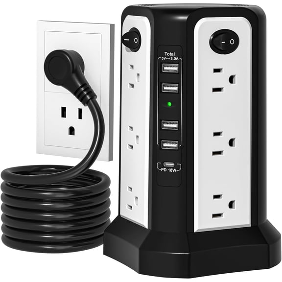 Surge Protector Power Strip Tower with PD18W USB C Port, Charging Tower with 5 USB, 10FT Extension Cord with 12 AC Multiple Outlets, Overload Protection for Home Office Dorm Room
