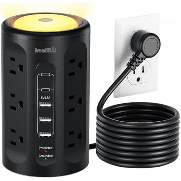 Surge Protector Power Strip Tower with 5 USB Ports and Night Light,10FT Extension Cord with 12 AC Multiple Outlets (Black, 10FT)