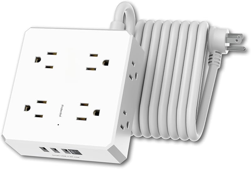 Surge Protector Power Strip With USB C - 8 Widely Spaced Outlets, 4 USB Ports 6 Ft Flat Plug Extension Cord 3 Sided Outlet Extender Home Office White Etl Lis