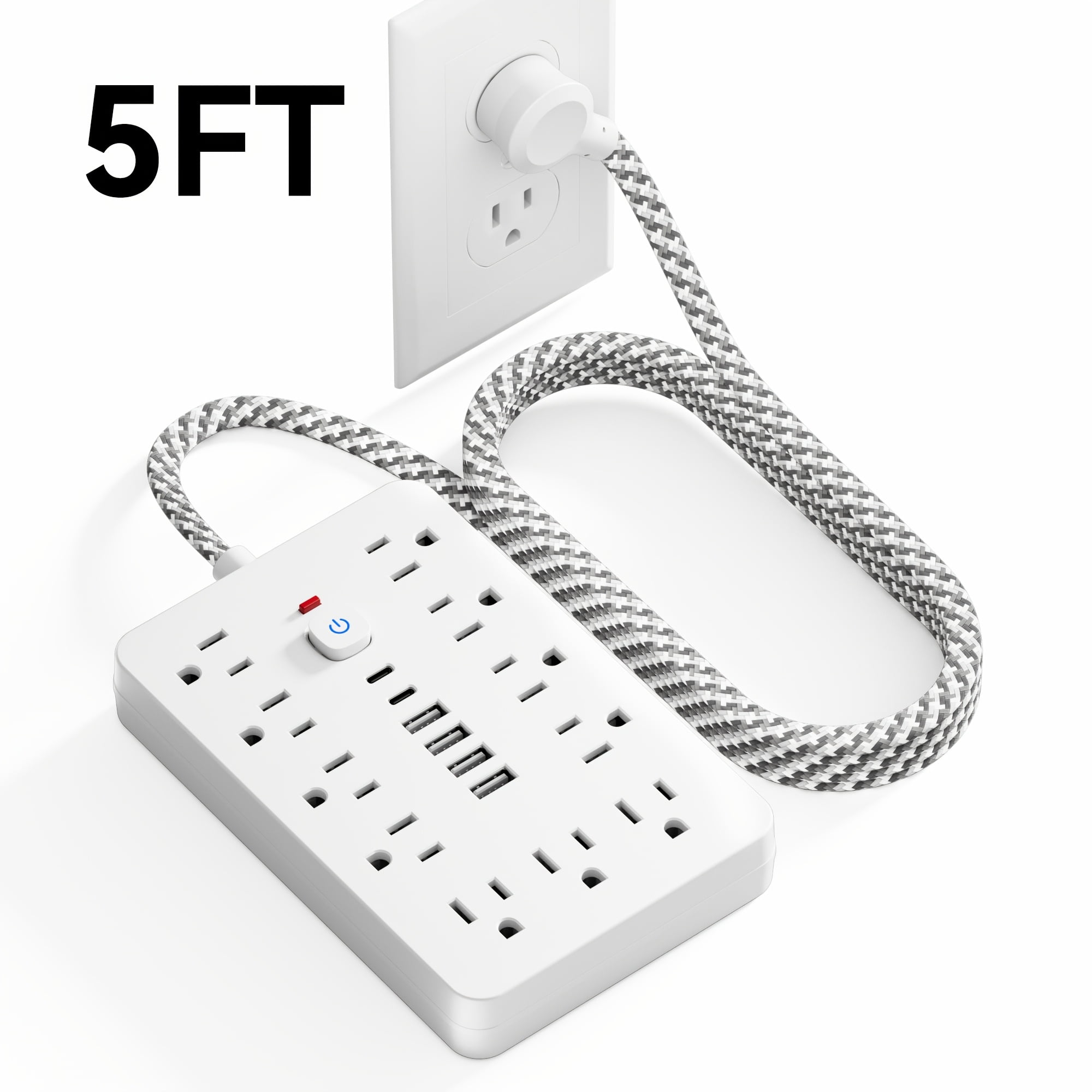 Surge Protector Power Strip with 11 AC Outlets, 4 USB-A & 2 USB-C Ports, 5ft/10ft Braided Cord, Overload Protection for Home Office Travel